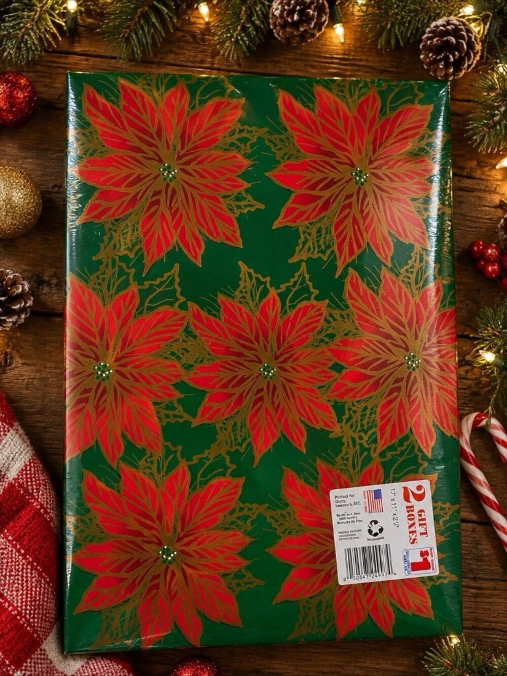 Vintage Christmas Gift Boxes 2 Pack NOS Holiday Poinsettia Reindeer Design